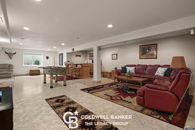 tiled living room with bar