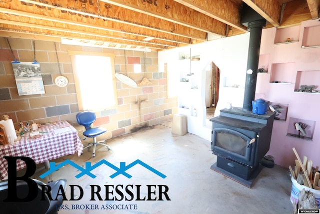 basement with a wood stove