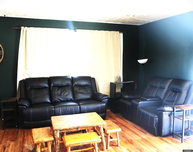 living room featuring a textured ceiling and hardwood / wood-style floors