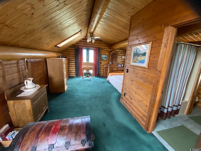 interior space featuring ceiling fan, wood ceiling, log walls, carpet floors, and lofted ceiling