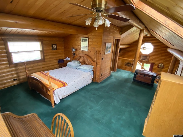 bedroom featuring ceiling fan, wooden ceiling, rustic walls, lofted ceiling with beams, and carpet floors