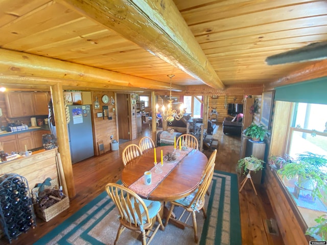 dining space featuring a wealth of natural light, a notable chandelier, hardwood / wood-style floors, and wood ceiling