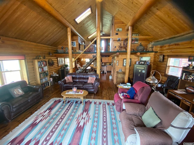 living room featuring a healthy amount of sunlight, wood ceiling, and hardwood / wood-style floors