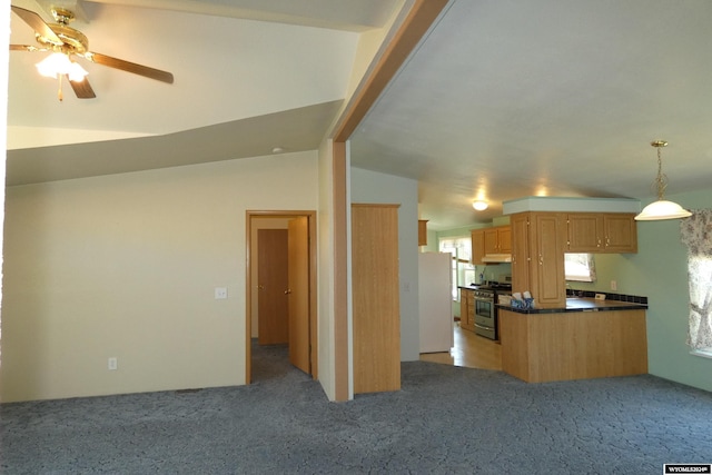 160 Pleasant Valley Rd, Hartville, WY 82215 - kitchen featuring stainless steel gas range, decorative light fixtures, vaulted ceiling, light carpet, and white fridge