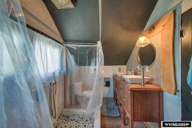 bathroom featuring lofted ceiling, a shower with curtain, toilet, wood-type flooring, and vanity