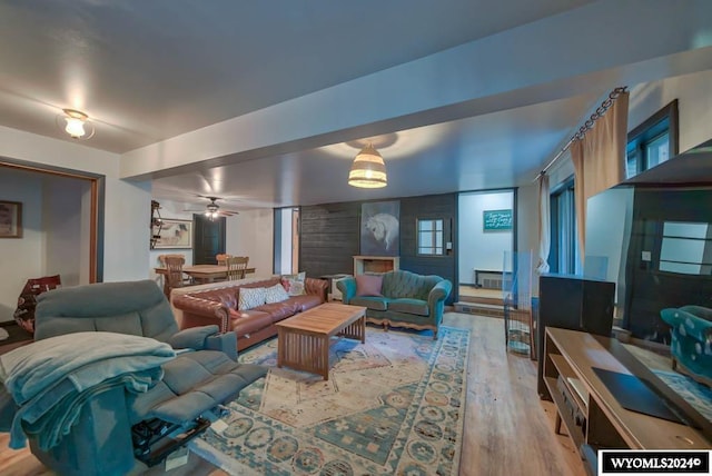 living room featuring ceiling fan and light hardwood / wood-style flooring