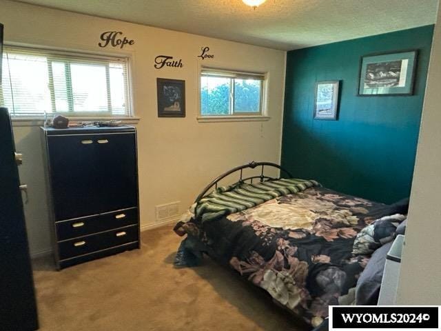 carpeted bedroom with a textured ceiling