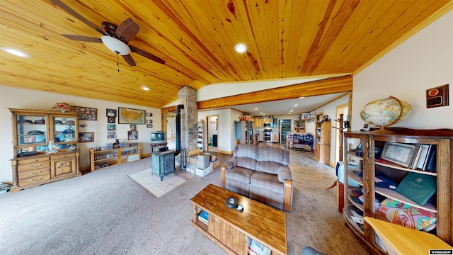 living room featuring ceiling fan, lofted ceiling, carpet floors, and wooden ceiling