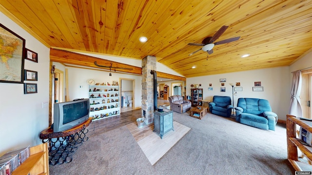 carpeted living room featuring lofted ceiling, ceiling fan, and wood ceiling