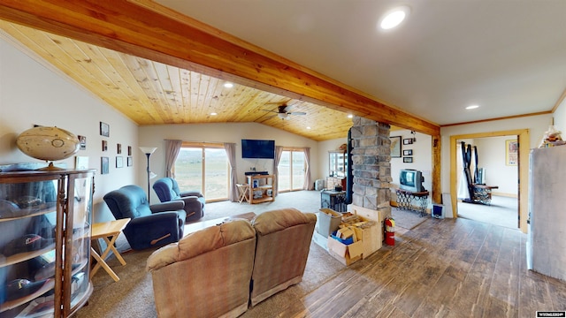 living room with vaulted ceiling with beams, hardwood / wood-style flooring, a wood stove, wooden ceiling, and ceiling fan