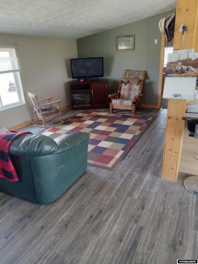 living room featuring a textured ceiling and dark wood-style flooring