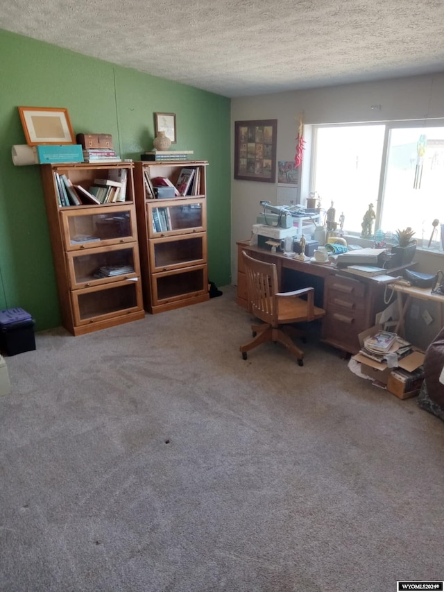 carpeted office featuring a textured ceiling