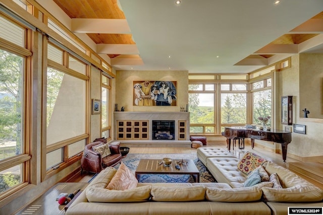 living room with a premium fireplace, plenty of natural light, wood-type flooring, and wooden ceiling