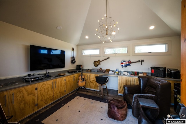 living room with lofted ceiling and dark hardwood / wood-style flooring