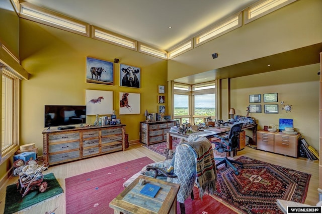 interior space with a high ceiling and hardwood / wood-style floors