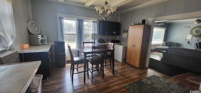 dining area with beam ceiling, ceiling fan with notable chandelier, and dark hardwood / wood-style floors