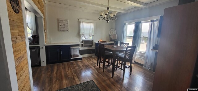 living room featuring beam ceiling, dark hardwood / wood-style floors, and ceiling fan