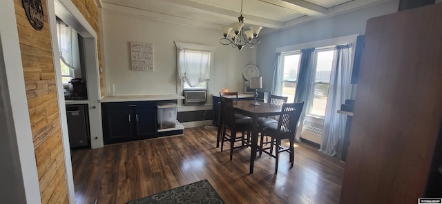 dining space featuring beamed ceiling, dark wood-type flooring, and a chandelier