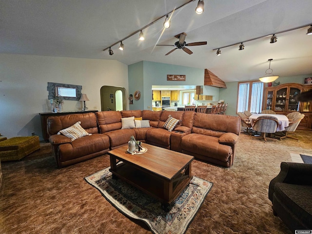 living room featuring lofted ceiling, track lighting, carpet flooring, and ceiling fan