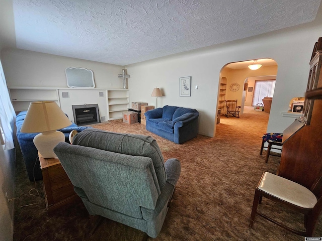 carpeted living room with a textured ceiling