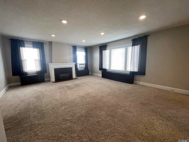 unfurnished living room with a healthy amount of sunlight, light carpet, and a textured ceiling