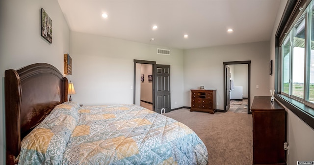 bedroom with carpet flooring, recessed lighting, visible vents, and baseboards