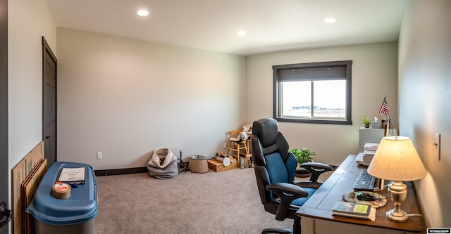 carpeted office featuring recessed lighting and baseboards