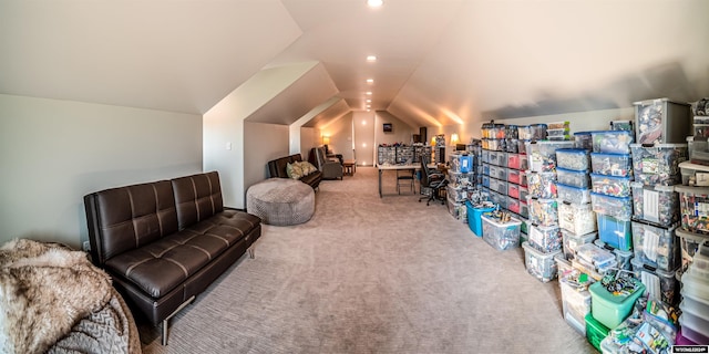 living area featuring recessed lighting, carpet, and vaulted ceiling