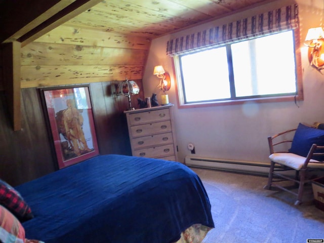 bedroom with carpet flooring, a baseboard heating unit, wood walls, wooden ceiling, and vaulted ceiling