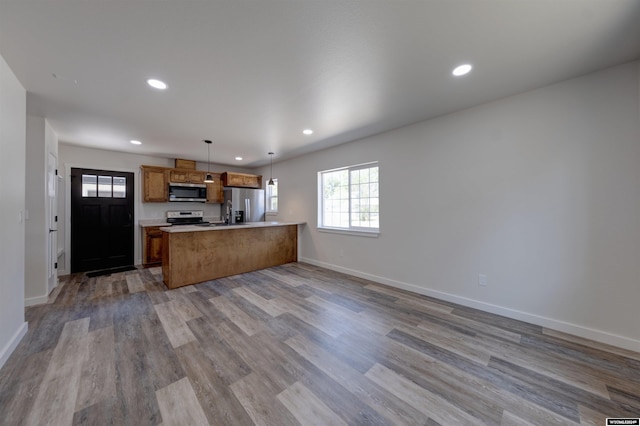 744 E Loucks St, Sheridan, WY 82801 - kitchen with decorative light fixtures, light hardwood / wood-style floors, appliances with stainless steel finishes, and kitchen peninsula