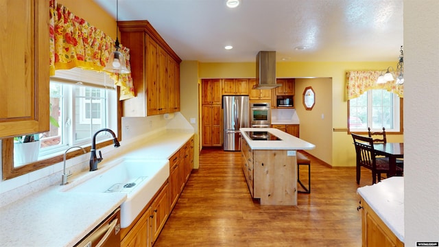 kitchen featuring decorative light fixtures, a healthy amount of sunlight, island exhaust hood, and appliances with stainless steel finishes