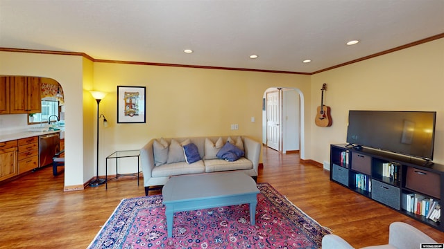 living room with light hardwood / wood-style floors, sink, and crown molding