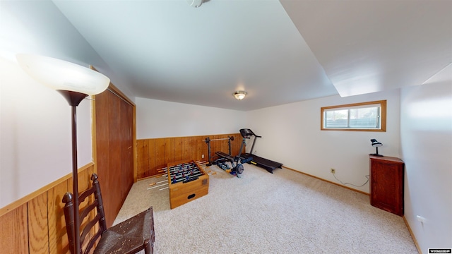 exercise room featuring light colored carpet and wood walls