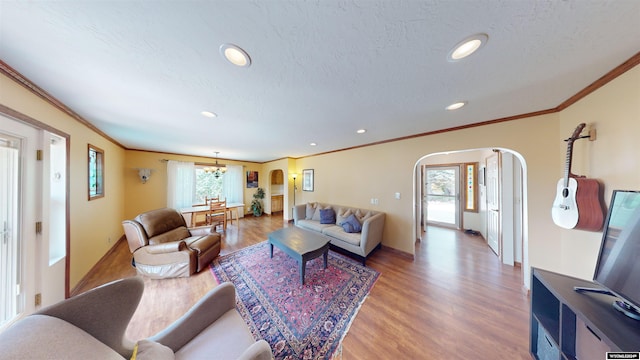 living room featuring crown molding, hardwood / wood-style floors, and a healthy amount of sunlight