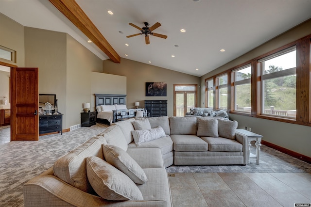 living room featuring baseboards, visible vents, beamed ceiling, high vaulted ceiling, and recessed lighting