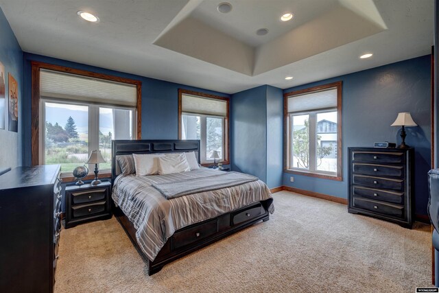 bedroom featuring light colored carpet, a raised ceiling, multiple windows, and baseboards