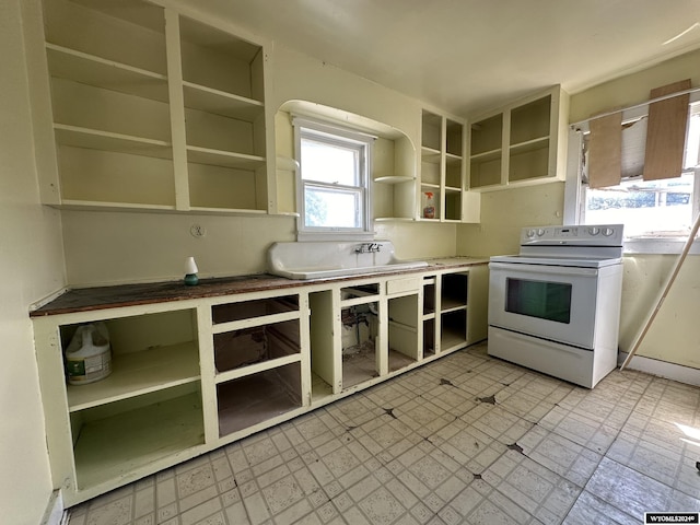 kitchen with white electric stove and sink