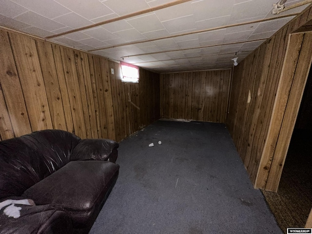 basement featuring carpet floors and wooden walls