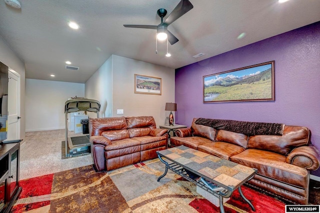 living room with recessed lighting, visible vents, carpet, and a ceiling fan