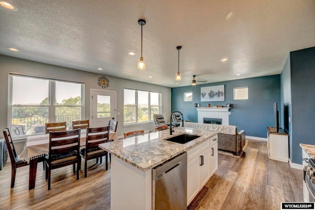 kitchen with a sink, stainless steel dishwasher, wood finished floors, open floor plan, and a brick fireplace