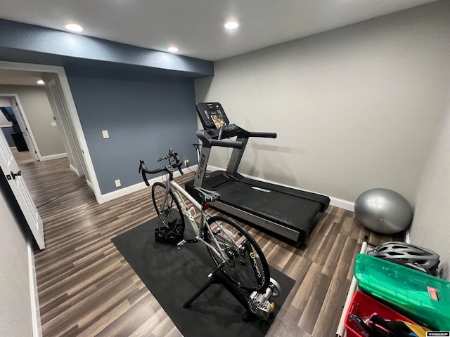 exercise room with hardwood / wood-style flooring