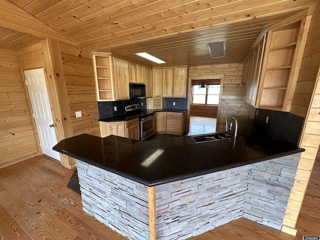 kitchen with stainless steel electric range oven, open shelves, light brown cabinetry, black microwave, and a peninsula