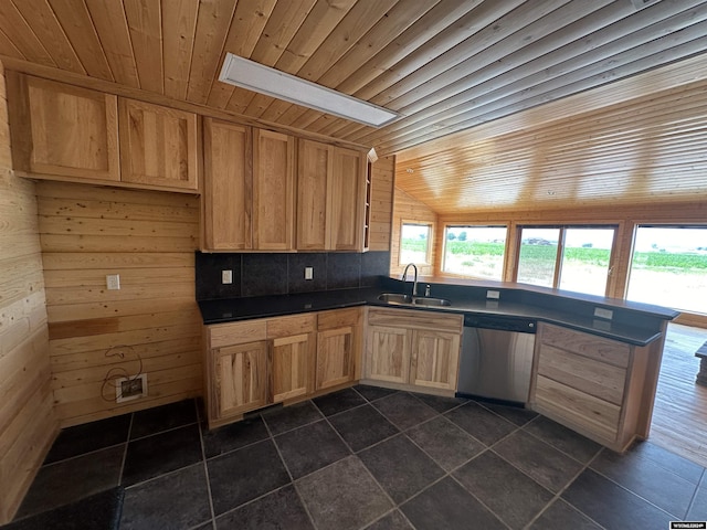 kitchen with a sink, wood ceiling, a peninsula, and stainless steel dishwasher