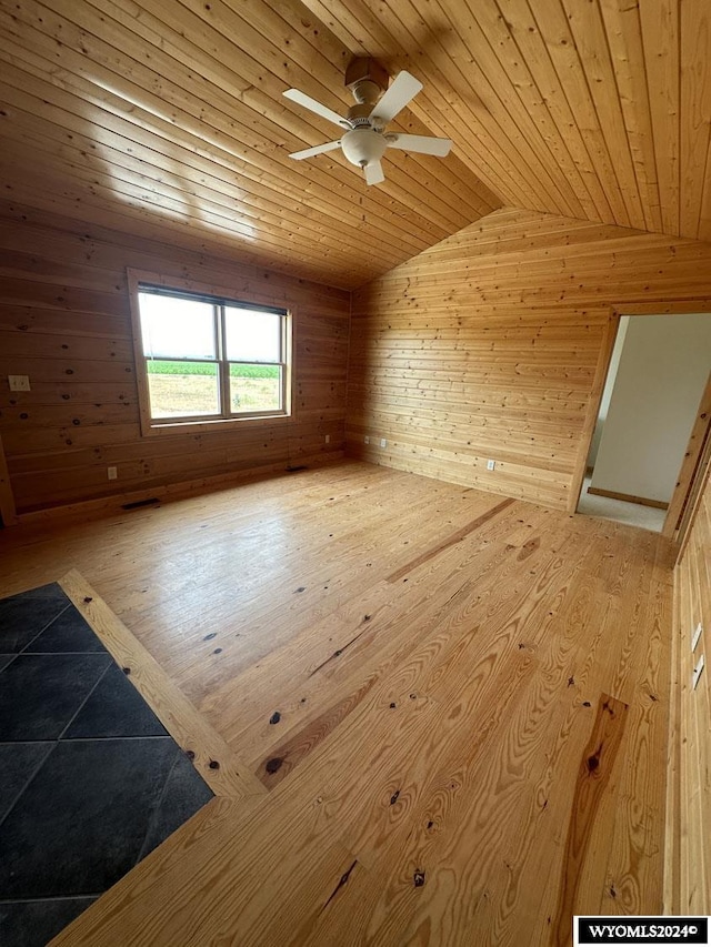 unfurnished room featuring wood ceiling, wooden walls, and hardwood / wood-style floors