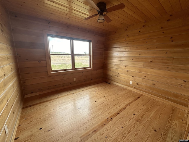 unfurnished room with a ceiling fan, wooden ceiling, a sauna, light wood-style flooring, and wood walls