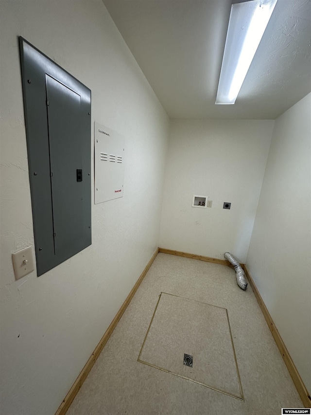 washroom with laundry area, electric panel, hookup for an electric dryer, and hookup for a washing machine