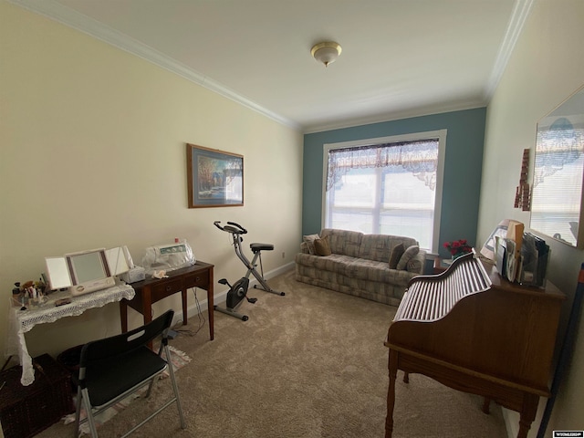 living room with carpet and ornamental molding