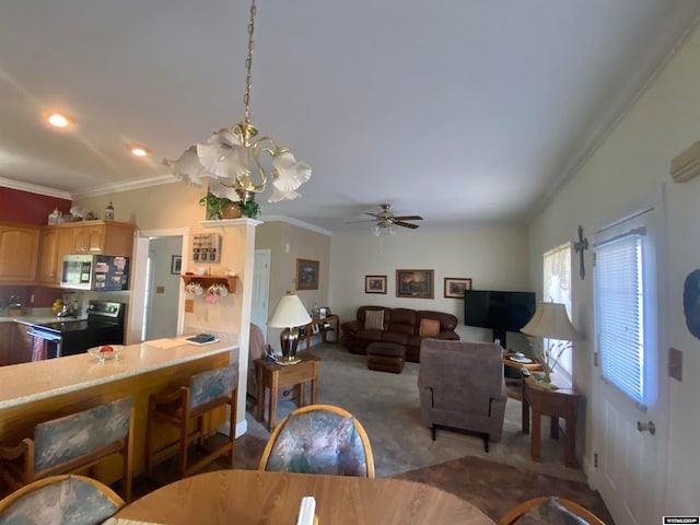 interior space with ceiling fan with notable chandelier and crown molding