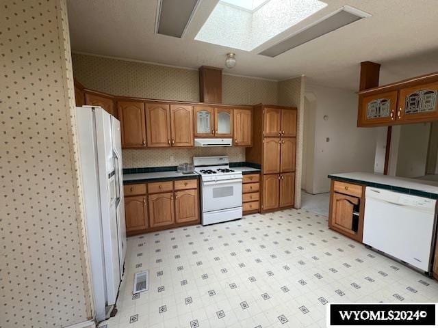 kitchen featuring white appliances and a skylight