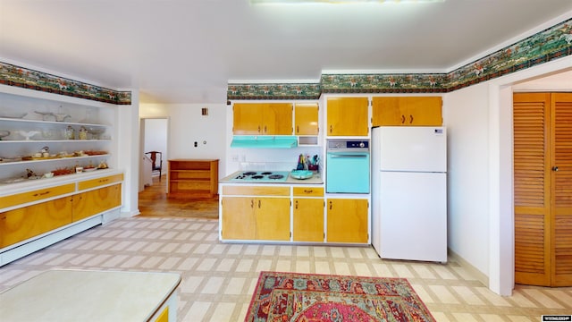 225 S 5th St, Lander, WY 82520 - kitchen featuring open shelves, extractor fan, light floors, white appliances, and a baseboard radiator